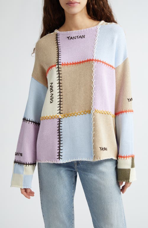 Check Cotton Pullover Sweater in Beige/Lilac/Sky