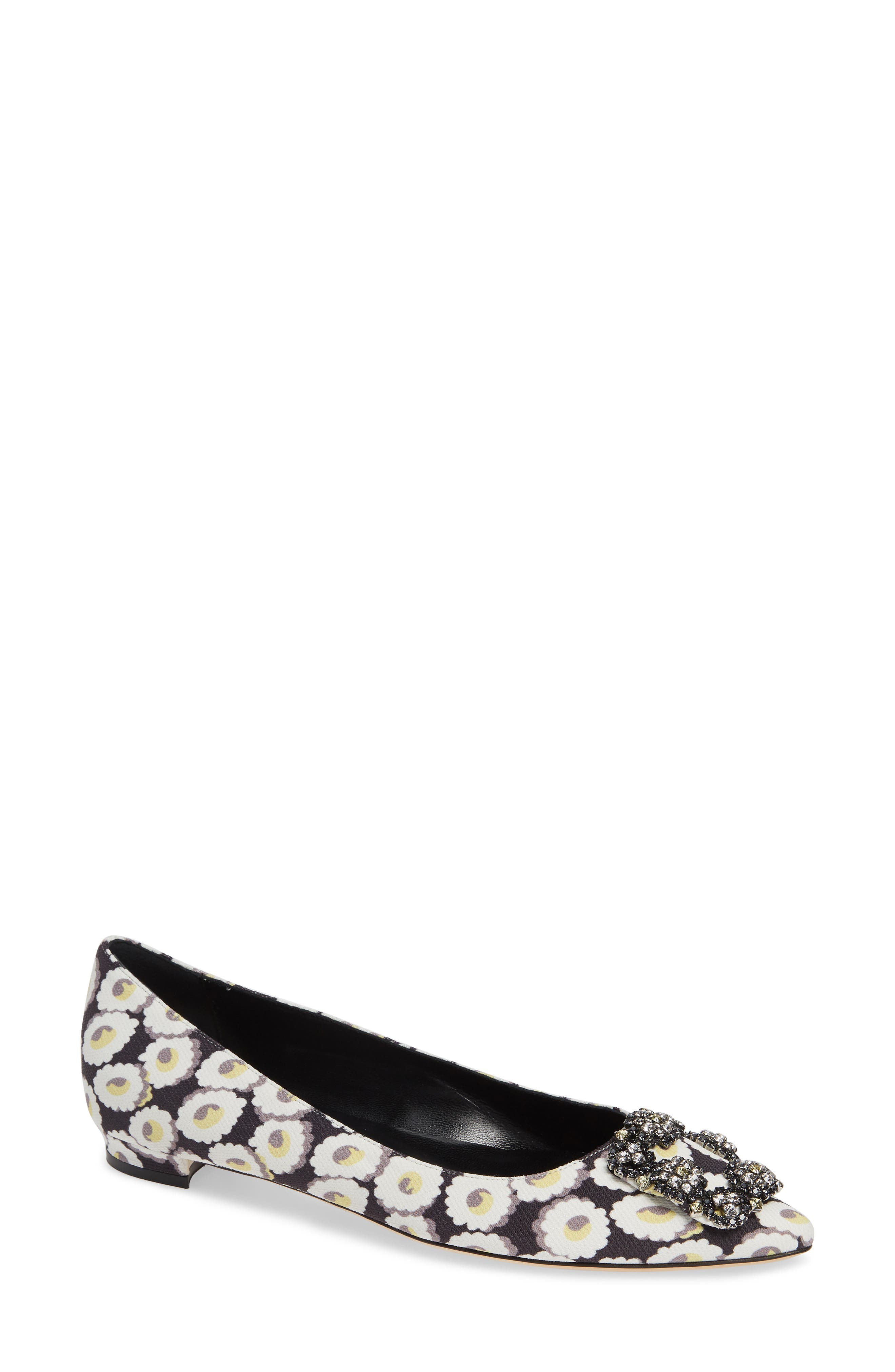 Manolo Blahnik Hangisi Floral Pointy Toe Flat, White