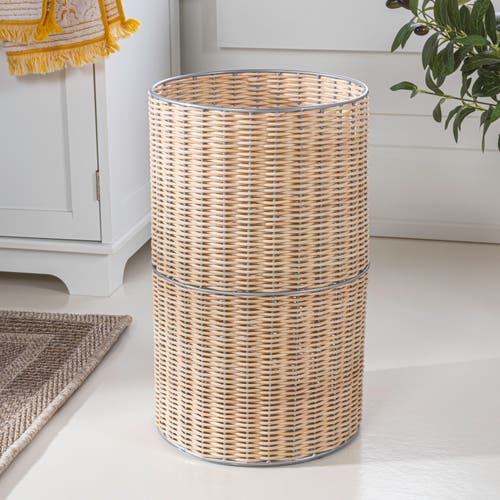 Happimess Cecil Modern Faux Wicker Cylinder Waste Basket In Natural/silver