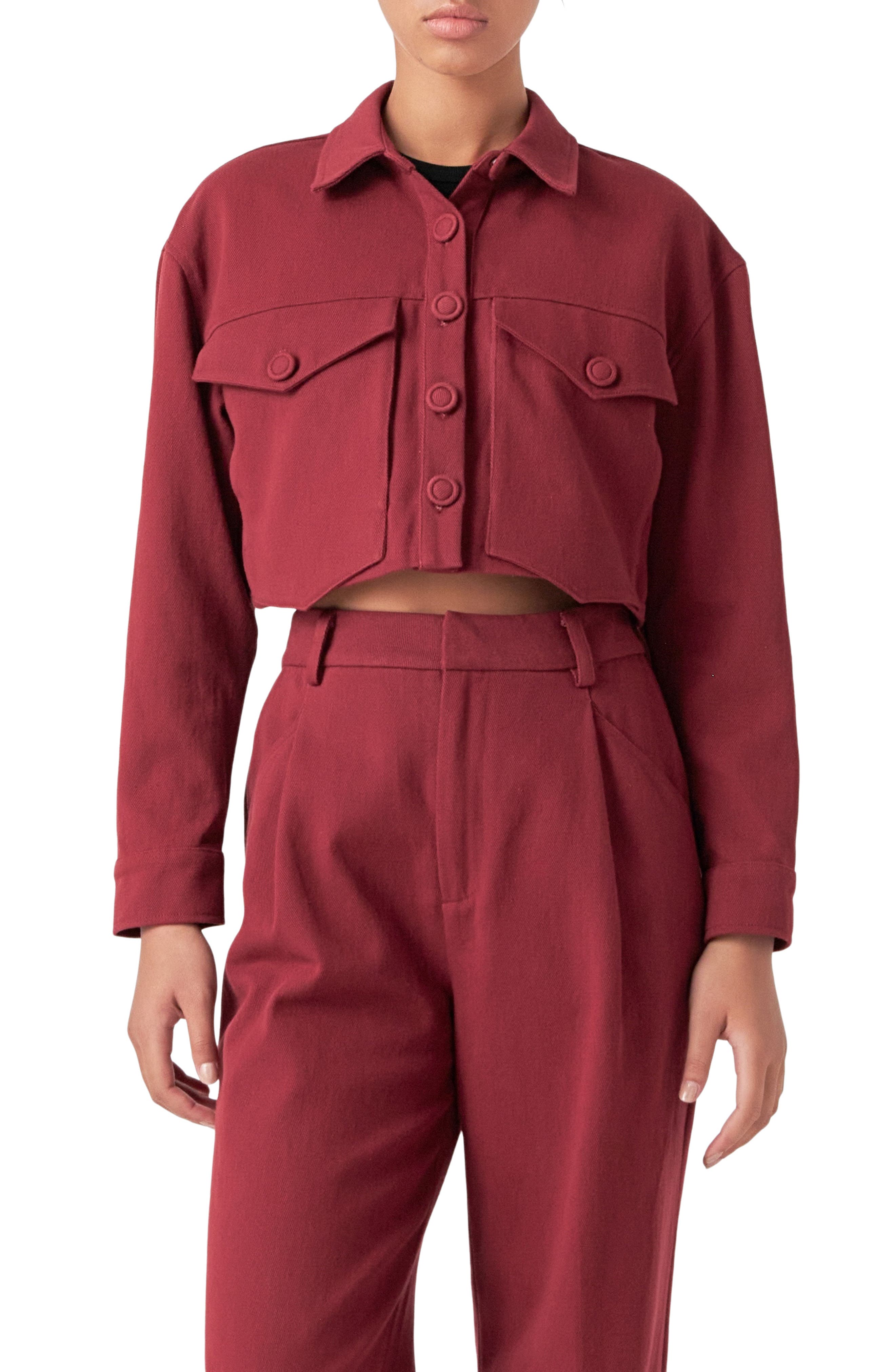 English Factory Boxy Crop Utility Shirt Jacket in Burgundy 