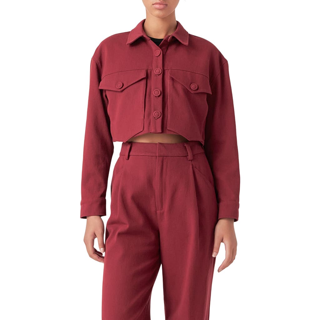 English Factory Boxy Crop Utility Shirt Jacket in Burgundy