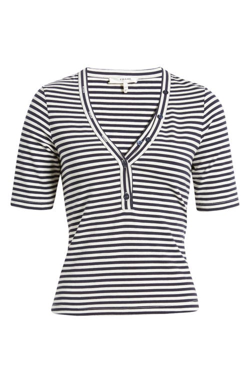 Shop Frame Asymmetric Button Stripe Stretch Organic Cotton Henley In Navy Multi