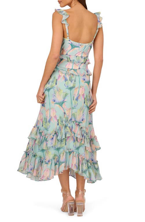 ADRIANNA PAPELL ADRIANNA PAPELL FLORAL RUFFLE DETAIL HANDKERCHIEF HEM MIDI DRESS 