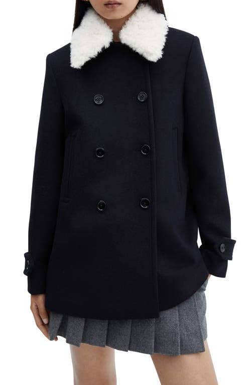 MANGO Faux Fur Collar Double Breasted Coat in Dark Navy at Nordstrom, Size Medium