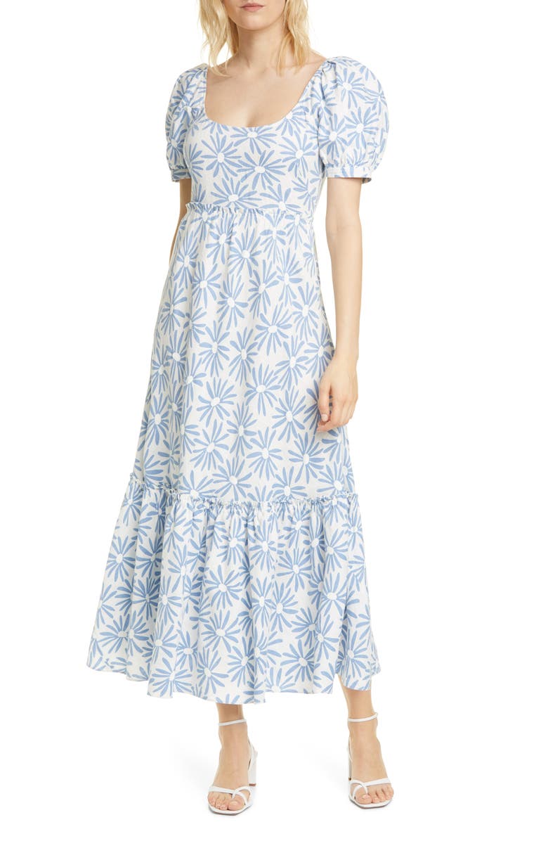 POLO RALPH LAUREN Kai Linen Midi Dress, Main, color, BLUE DAISY FLORAL