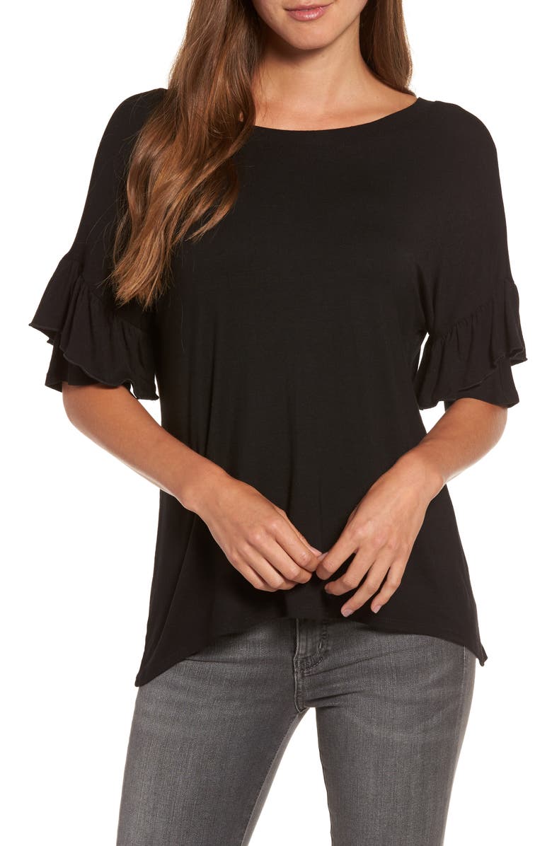 CHELSEA28 Ruffle Sleeve Tee, Main, color, BLACK