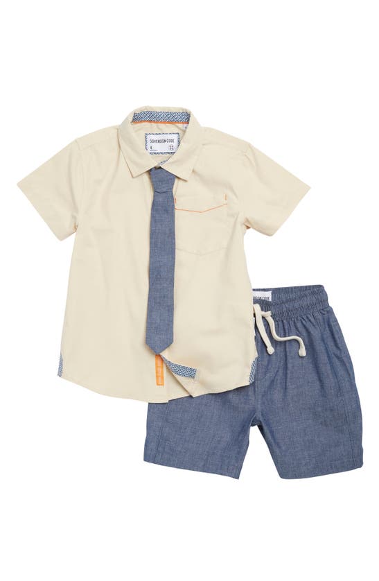 Sovereign Code Kids' Driver Locate Cotton Shirt, Tie & Shorts Set In Birch/ Navy