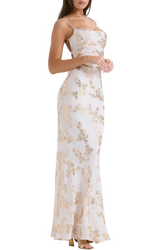 House Of Cb Caprina Embroidered Floral Trumpet Gown In White Gold