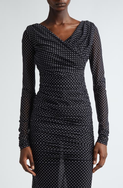 Shop Dolce & Gabbana Dolce&gabbana Polka Dot Ruched Long Sleeve Tulle Dress In Black/white