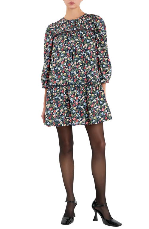 English Factory Floral Pintuck Balloon Sleeve Cotton Minidress in Navy Multi at Nordstrom, Size Small