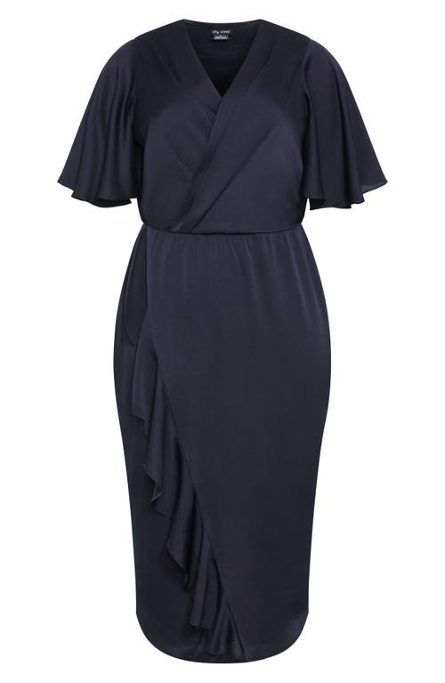 Shop City Chic Soft Ruffle Faux Wrap Midi Dress In Navy