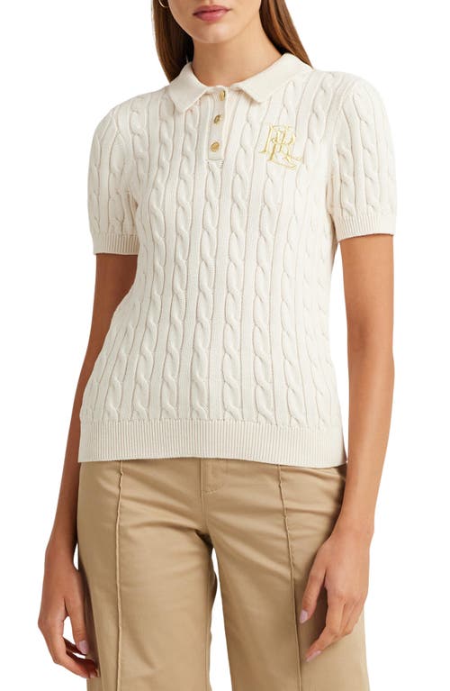 Lauren Ralph Cable Knit Cotton Polo Sweater Mascarpone Cream at Nordstrom,