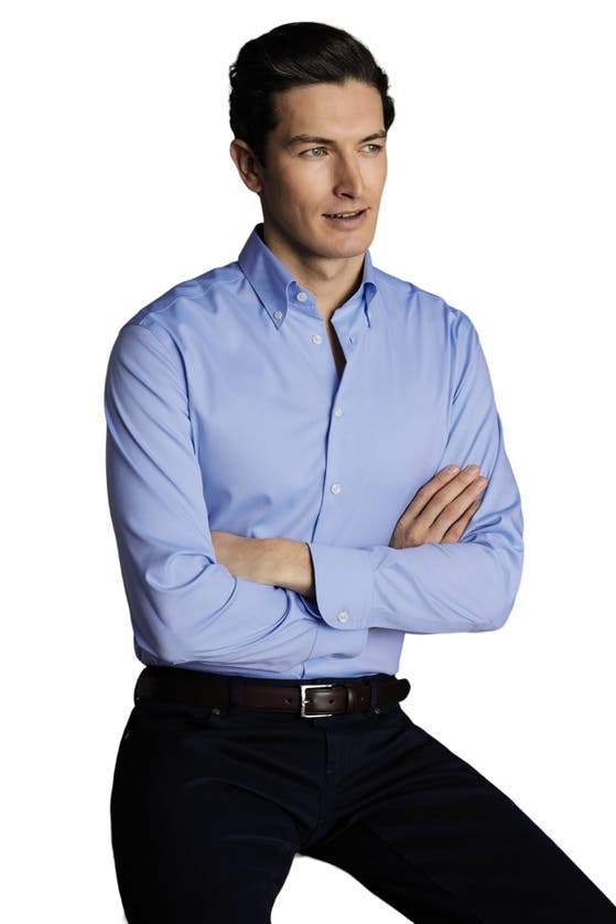 Shop Charles Tyrwhitt Non-iron Button-down Oxford Slim Fit Shirt Single Cuff In Sky Blue