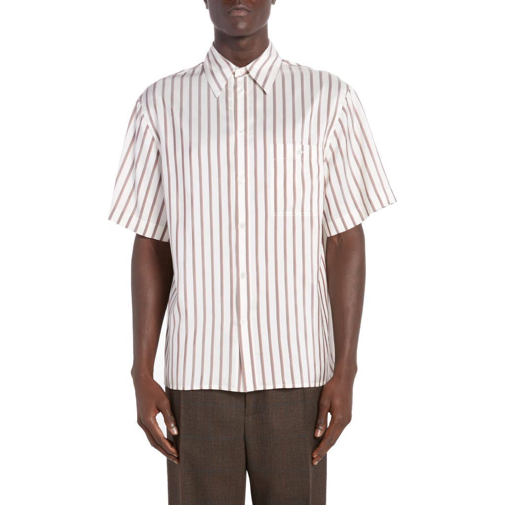 Bottega Veneta Bicolor Stripe Short Sleeve Silk Button-up Shirt In 9032 White/brown/chestnut