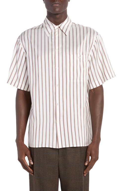 Shop Bottega Veneta Bicolor Stripe Short Sleeve Silk Button-up Shirt In 9032 White/brown/chestnut