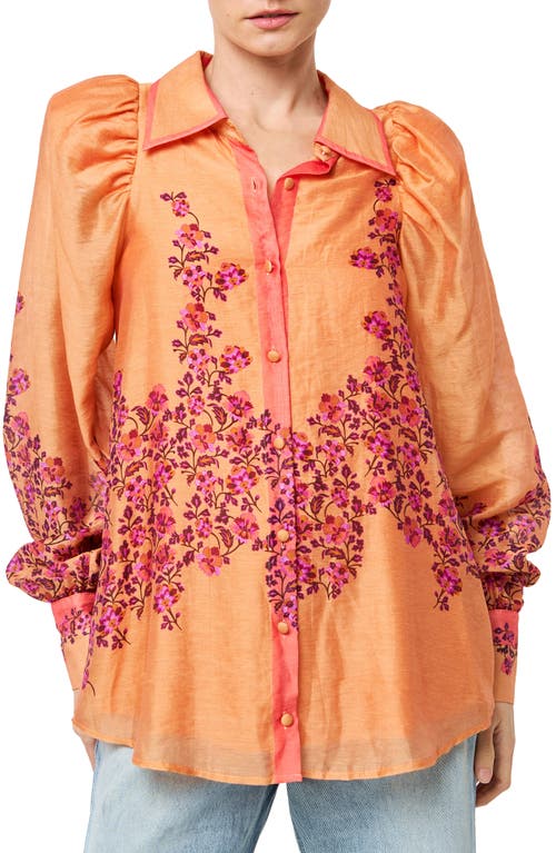 Shop Ciebon Valerie Embroidered Puff Shoulder Shirt In Coral Blush