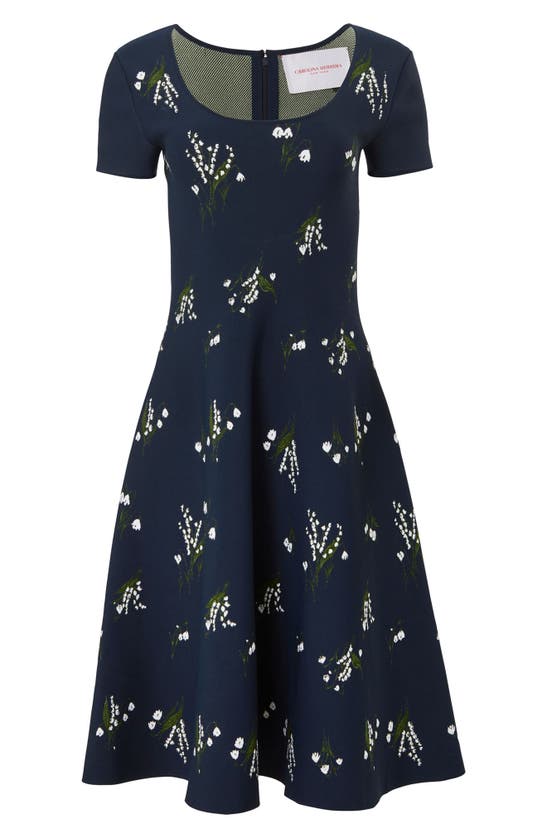 Shop Carolina Herrera Lily Of The Valley Knit Fit & Flare Dress In Midnight Multi