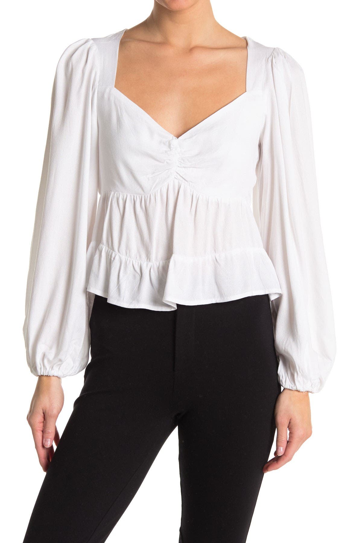 Afrm Soni Ruched Balloon Sleeve Crop Top In White