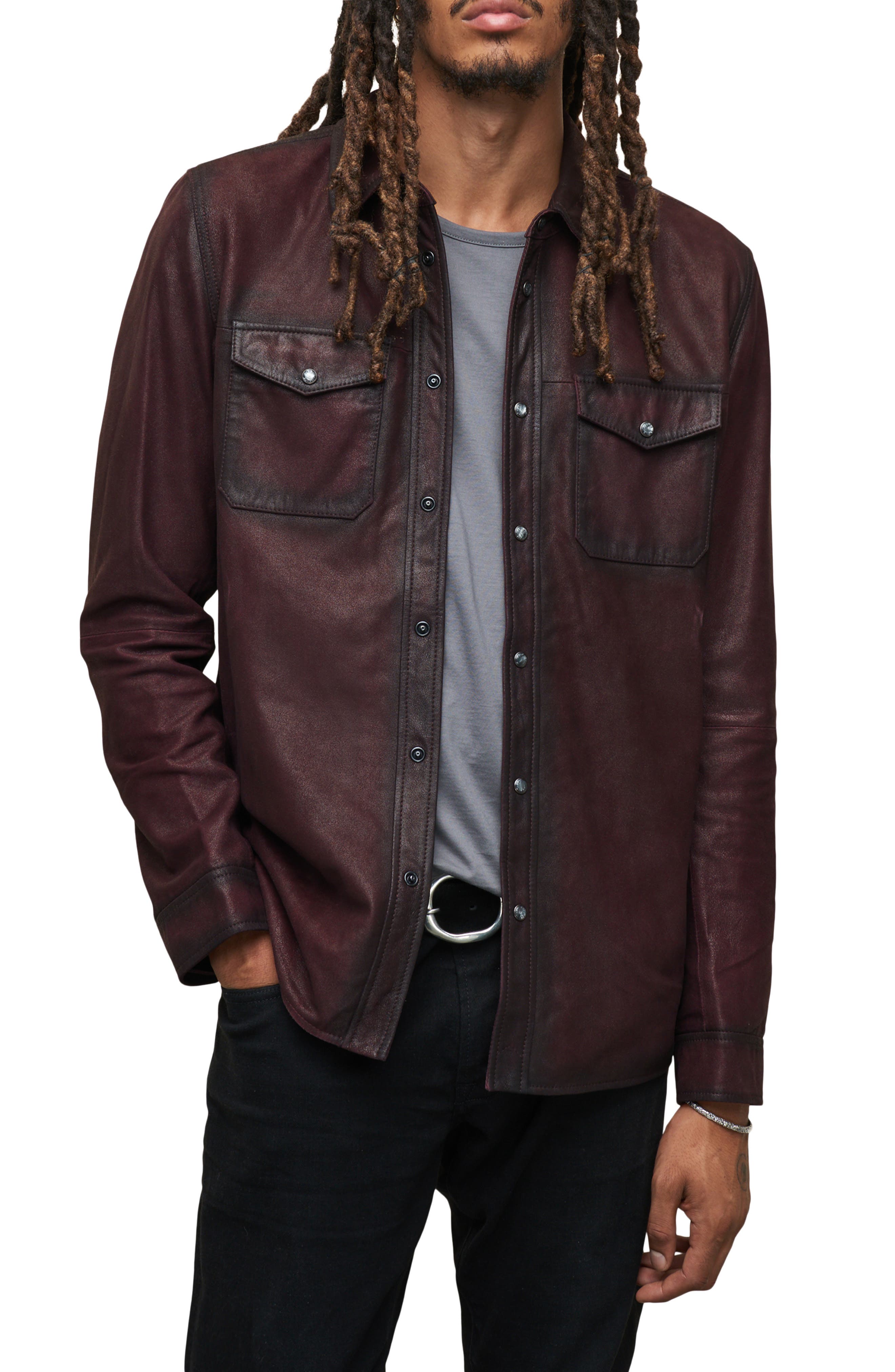 John Varvatos Lionell Snap Front Leather Shirt Jacket In Dark Plum ...