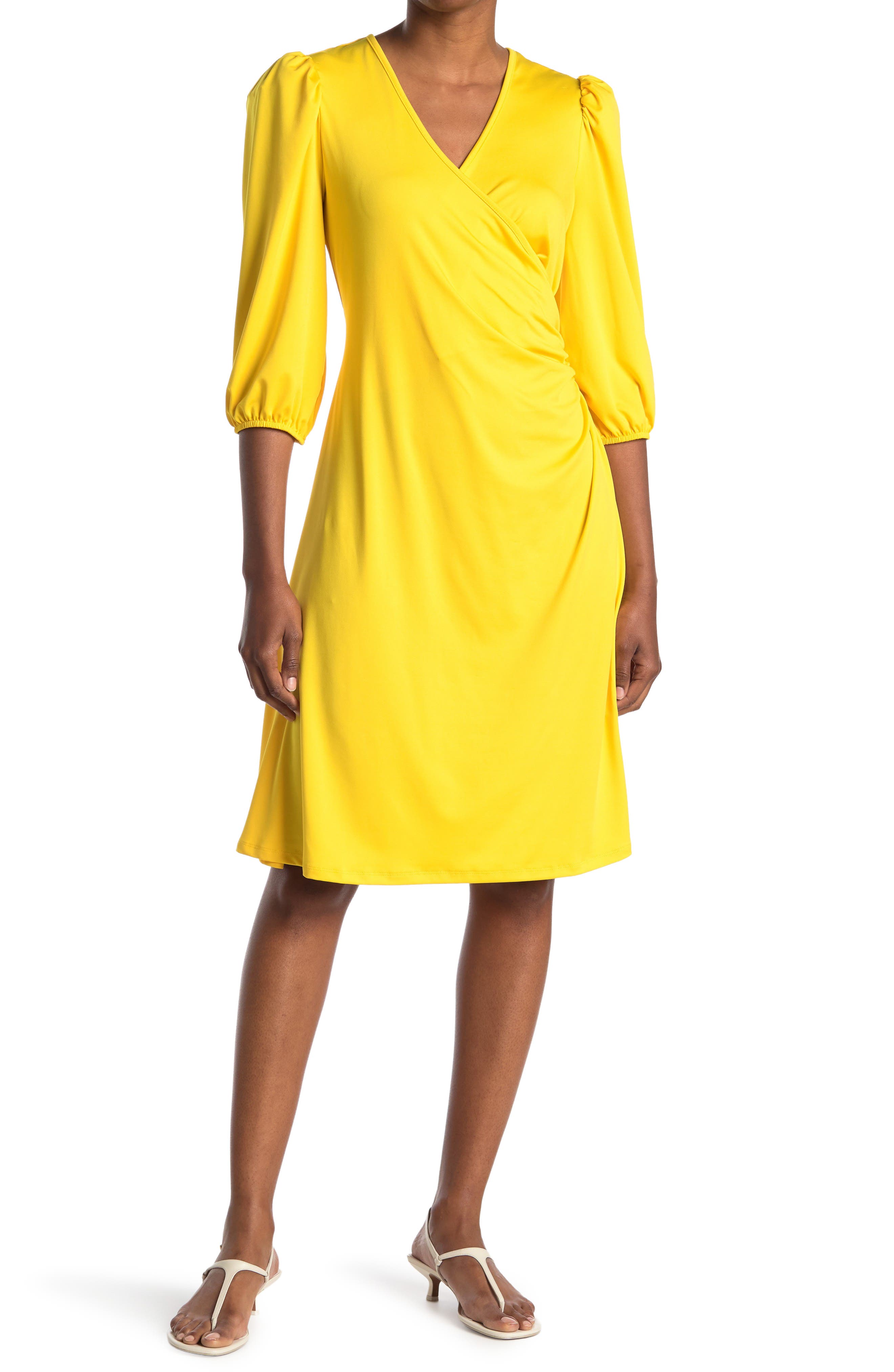 Love By Design Amelia Ruched Wrap Dress In Dandelion