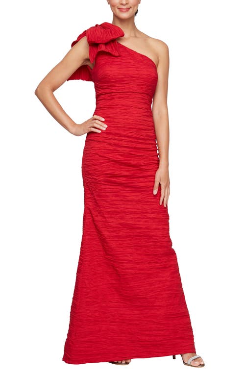 Shop Alex Evenings Bow Detail One-shoulder Ruched Satin Gown In Red