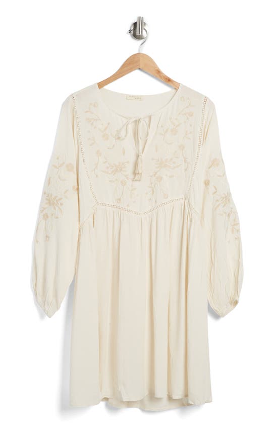 Lovestitch Embroidered Long Sleeve Linen Blend Dress In Vanilla/ Sand