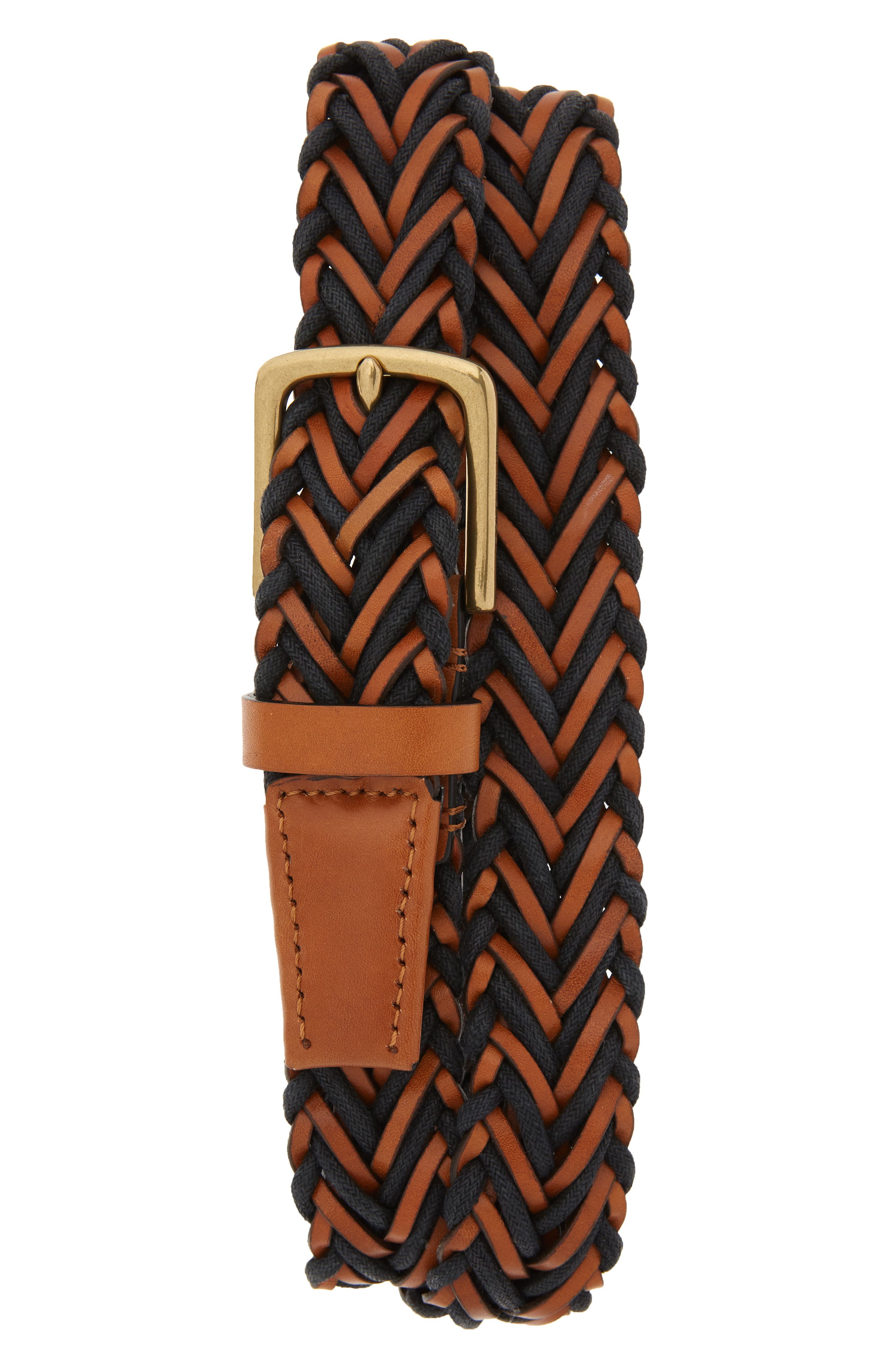 Cole Haan Braided Leather & Cord Belt, British Tan/ Old English Brass