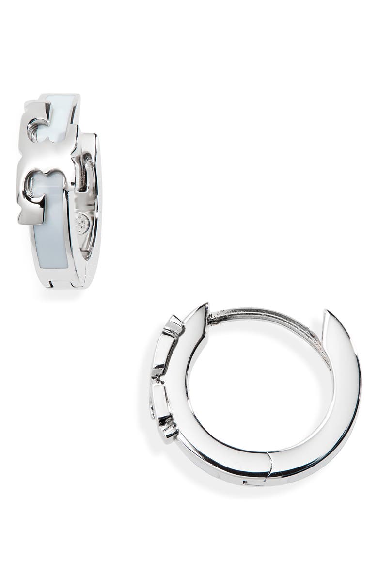 TORY BURCH Kira Stackable Huggie Hoop Earrings, Main, color, TORY SILVER / CRISP BLUE