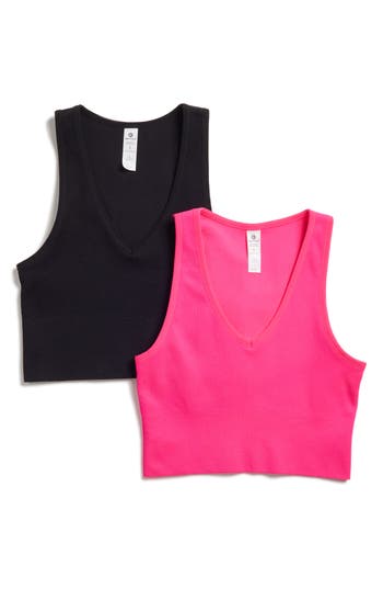 Shop 90 Degree By Reflex Seamless V-neck Rib Crop Tank In Pink Glo/black