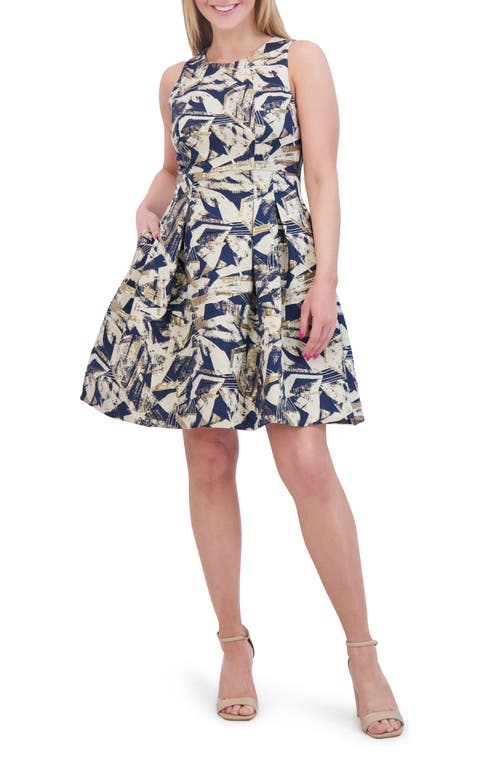 Vince Camuto Metallic Abstract Print Jacquard Fit & Flare Dress In Navy