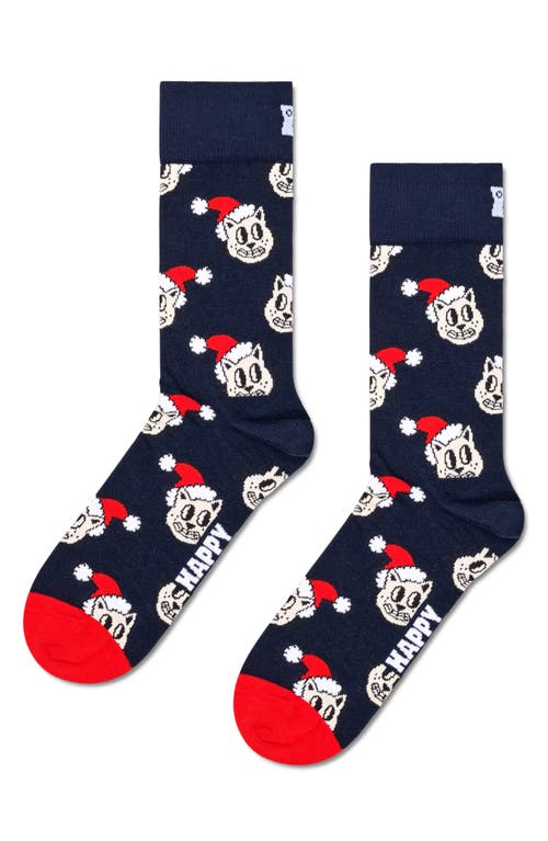 Happy Socks Holiday Cat Cotton Blend Crew Socks in Navy 