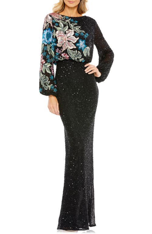 Mac Duggal Embellished Sequin Long Sleeve Blouson Gown in Black Multi