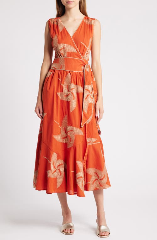 Shop Ciebon Kaiden Embroidered Tie Belt Maxi Wrap Sundress In Terracotta/flax