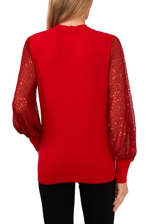 Shop Cece Sequin Sleeve Mock Neck Sweater In Luminous Red