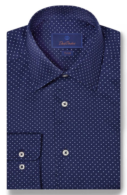 David Donahue Trim Fit Geometric Dot Cotton Herringbone Dress Shirt in Navy 