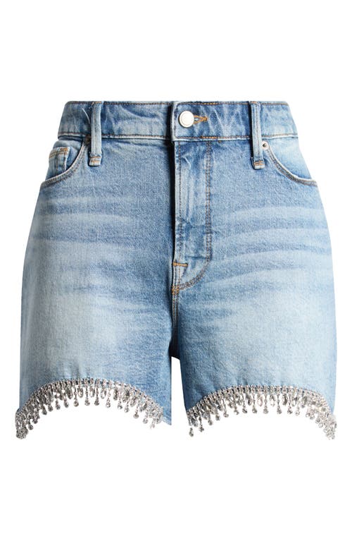 Shop Good American Bombshell Crystal Fringe Denim Cutoff Shorts In Indigo357