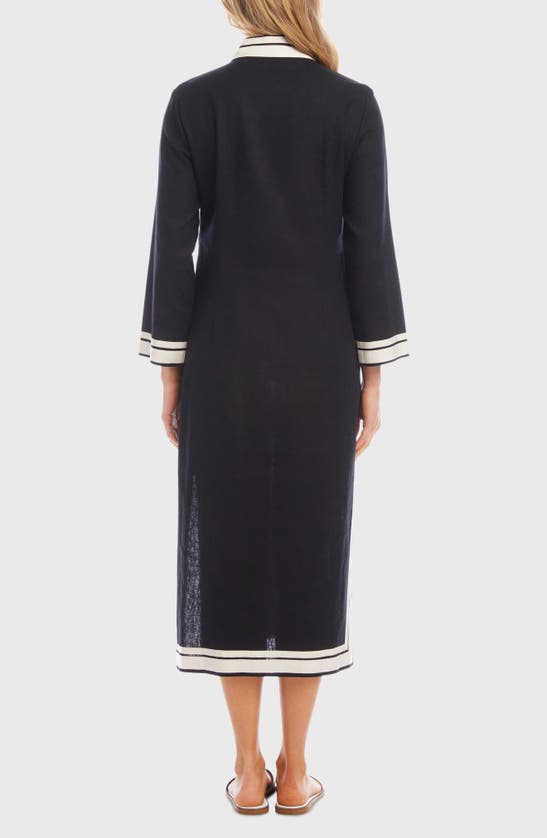 Shop Karen Kane The St. Tropez Long Sleeve Linen Blend Midi Dress In Black/ Cream