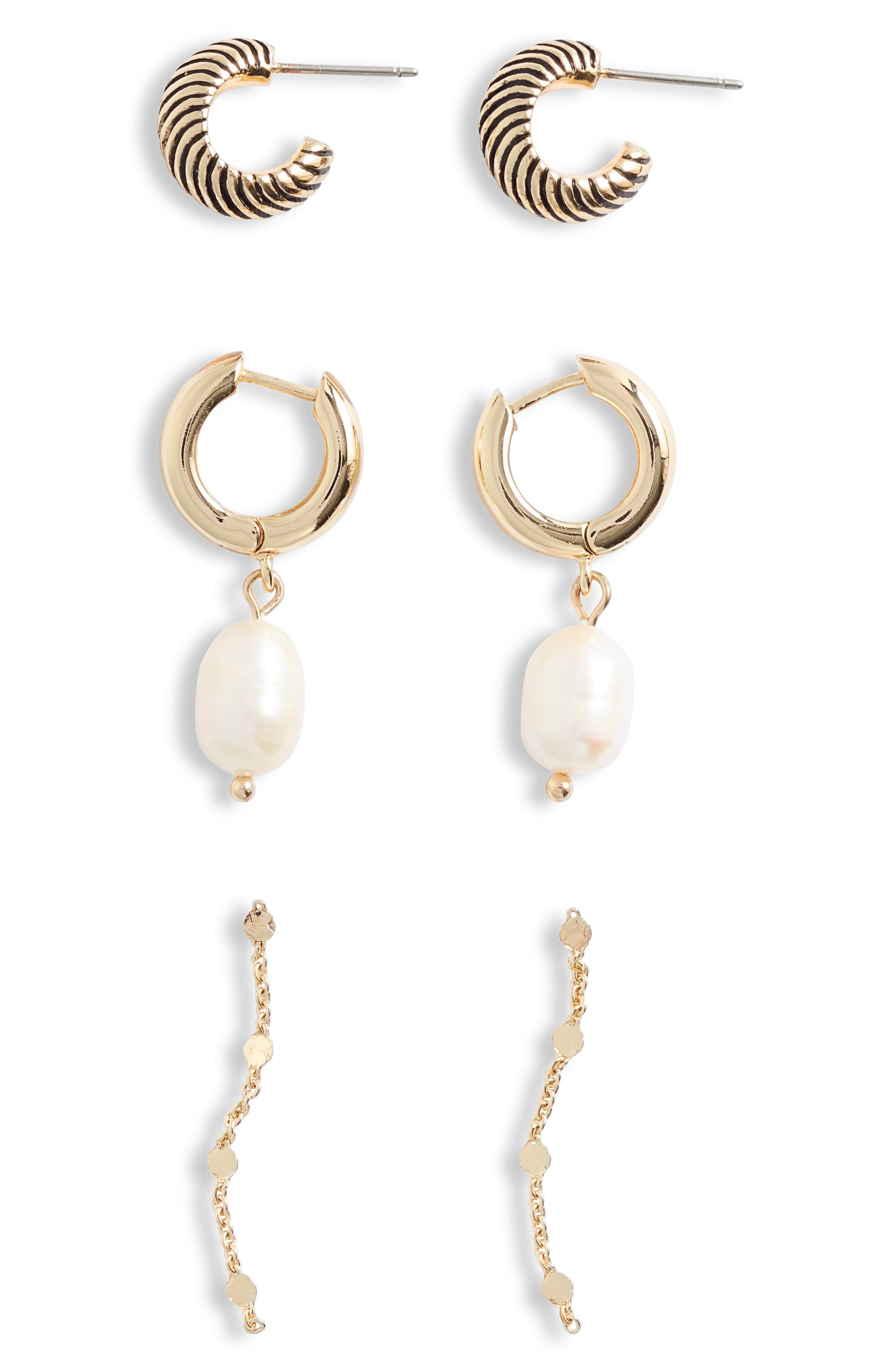 Nordstrom Set of 3 Cultured Freshwater Pearl Hoop & Drop Earrings in White- Gold at Nordstrom