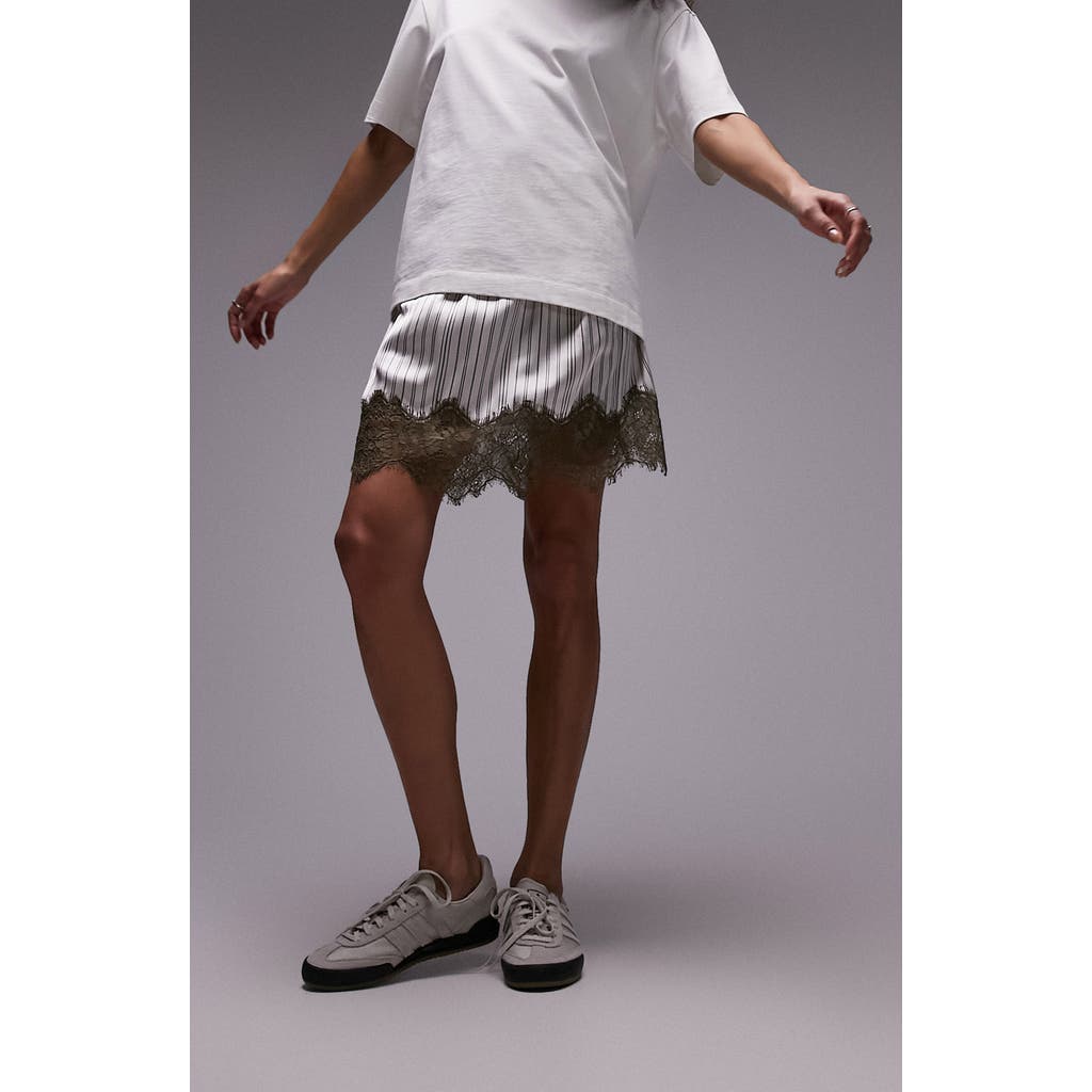 Topshop Stripe Lace Detail Miniskirt In White