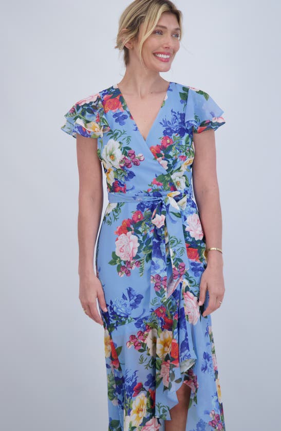 Shop Eliza J Floral Double Flutter Sleeve High-low Dress In Blue