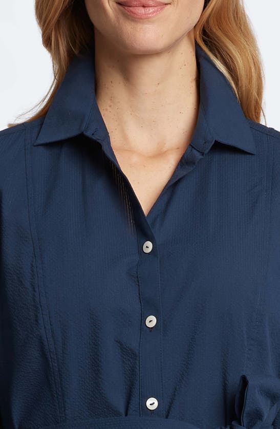 Shop Foxcroft Fiona Tie Waist Seersucker Shirtdress In Navy