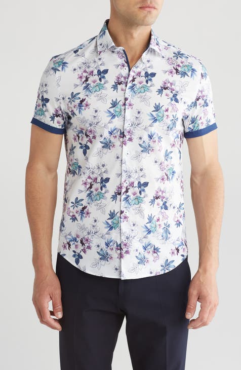 Floral Print Stretch Cotton Short Sleeve Button-Up Shirt