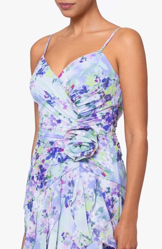 Xscape Floral Ruched Ruffle Gown In Peri/ Green