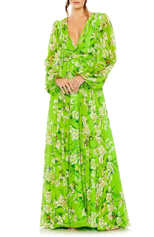 Ieena for Mac Duggal Floral Long Sleeve Chiffon A-Line Gown Green Multi at Nordstrom,