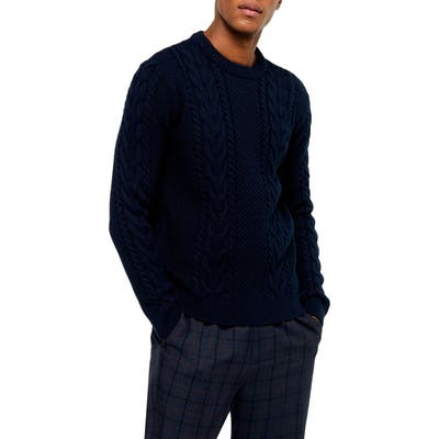Topman Crewneck Cable Knit Sweater, Blue