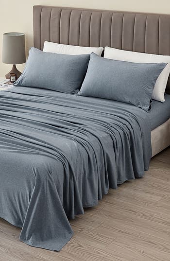Woven & Weft Jersey Knit Sheet Set In Heathered Denim Blue
