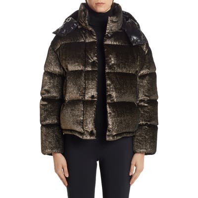 Moncler Caille Glitter Velvet Quilted Down Puffer Coat, (fits like 8-10 US) - Metallic