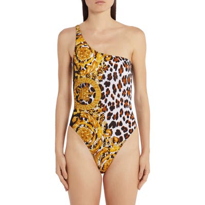Versace Animal Print One Shoulder One-Piece Swimsuit, (fits like 8 US) - White