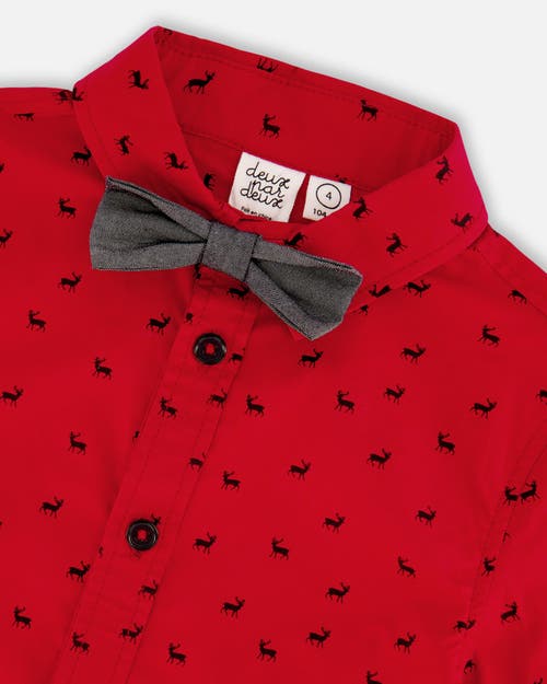 Deux Par Deux Baby Boy's Printed Reindeer Poplin Shirt With Bow Tie Red In Jester Red