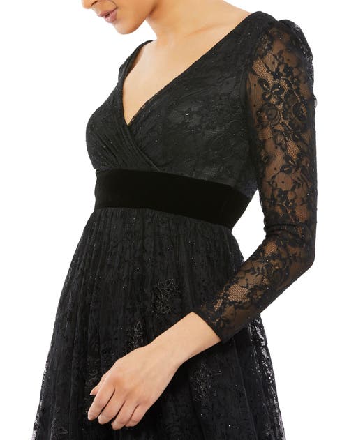 Mac Duggal Lace Long Sleeve Wrap Over Velvet Waistband A Line In Black